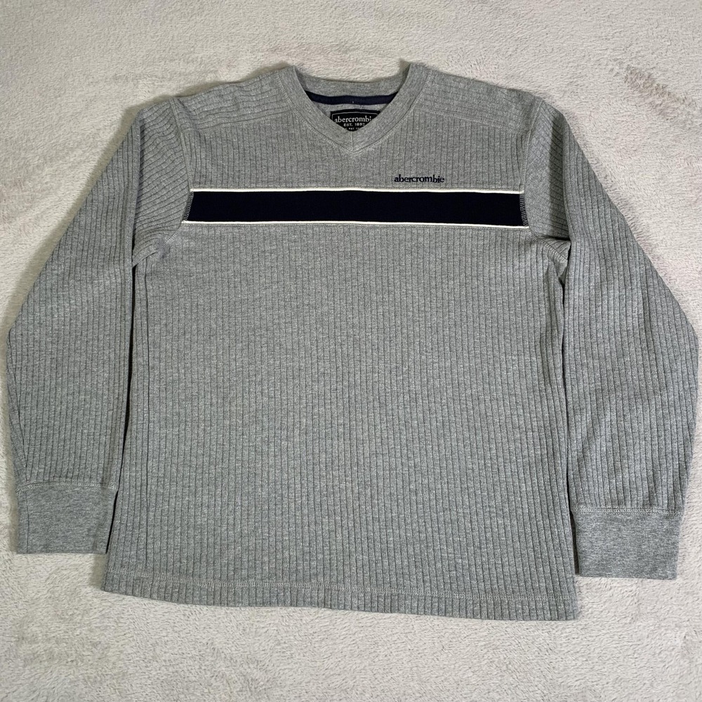Y2K‎ Abercrombie Sweater Womens Large Gray V Neck Ribbed Striped Cotton Pullover